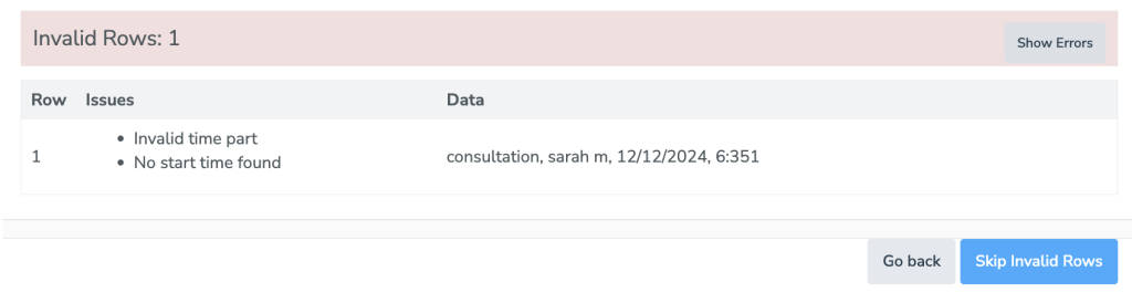 CSV import with error and explanation